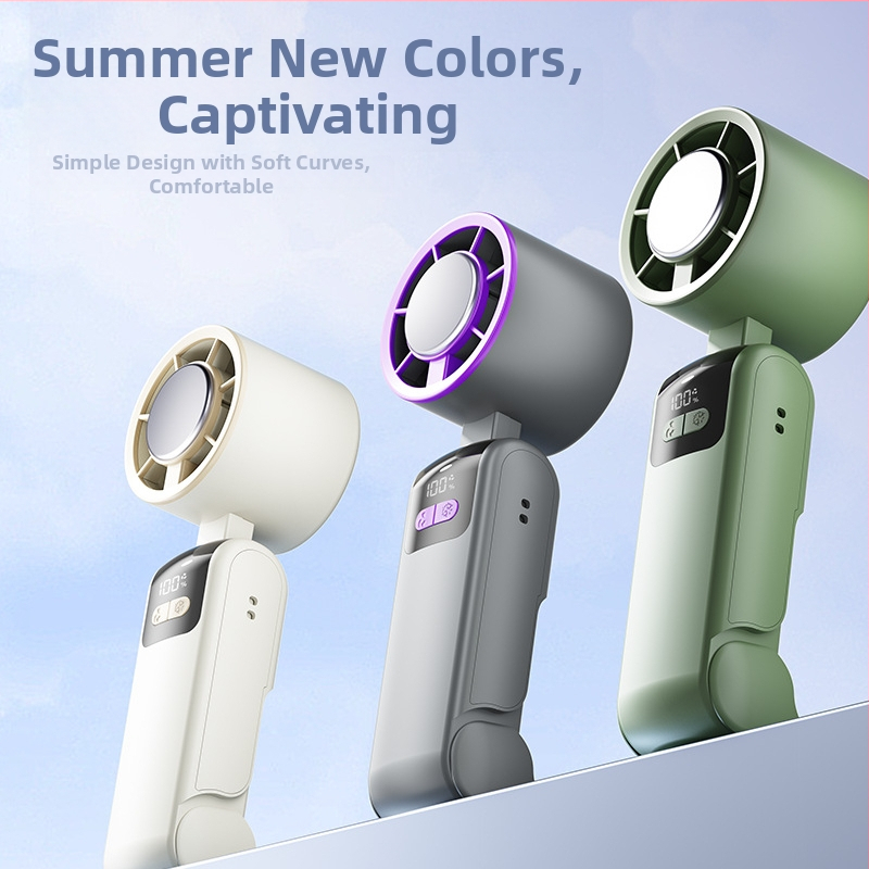 Kätega kaasaskantav kokkupandav jahutusventilaator harjadeta mootoriga, 3.7V 5W, laetav liitium-akumulator 1200–2000 mAh, müratase alla 36 dB, samm-sammult kiiruse reguleerimine, kaal 250 g, mõõtmed 185×65×65 mm