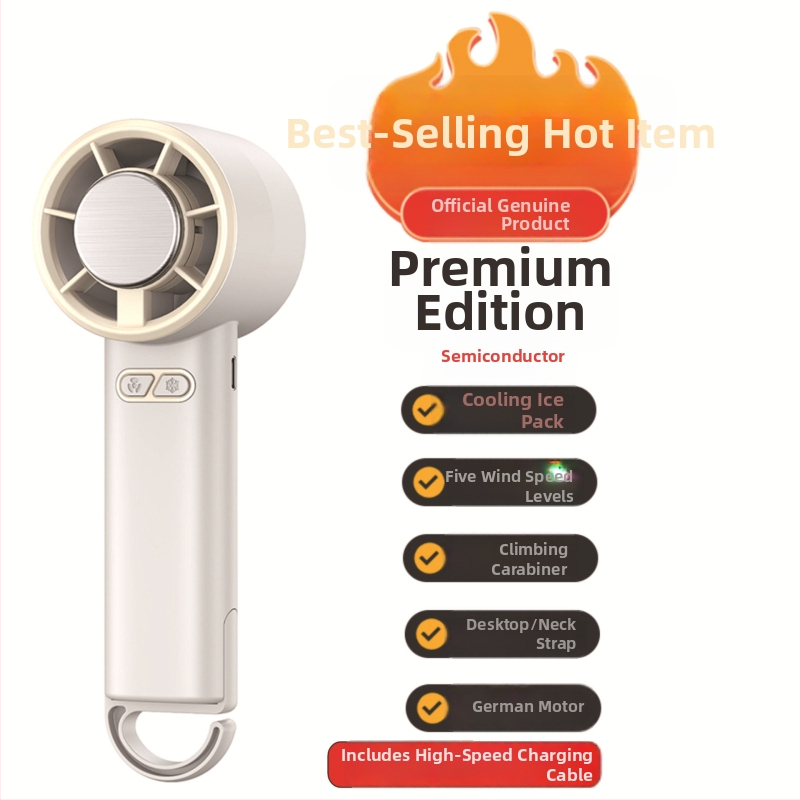 Rankinis sulankstomas aušintuvo ventiliatorius su bešepiniu varikliu, 3.7V 5W, įkraunama ličio baterija 1200–2000 mAh, triukšmas iki 36 dB, bežingsnė greičio reguliavimas, svoris 250 g, matmenys 185×65×65 mm