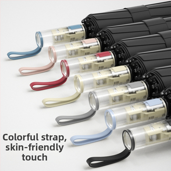 Trīsdaļīgs lietussargs ar ārējo apgriešanu, pilnīgi automātiska atvēršana un aizvēršana, 10 ribas, UPF > 50, audums 190T