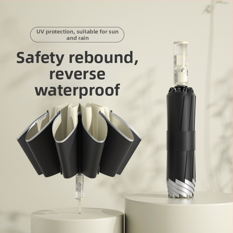 Trīsdaļīgs lietussargs ar ārējo apgriešanu, pilnīgi automātiska atvēršana un aizvēršana, 10 ribas, UPF > 50, audums 190T