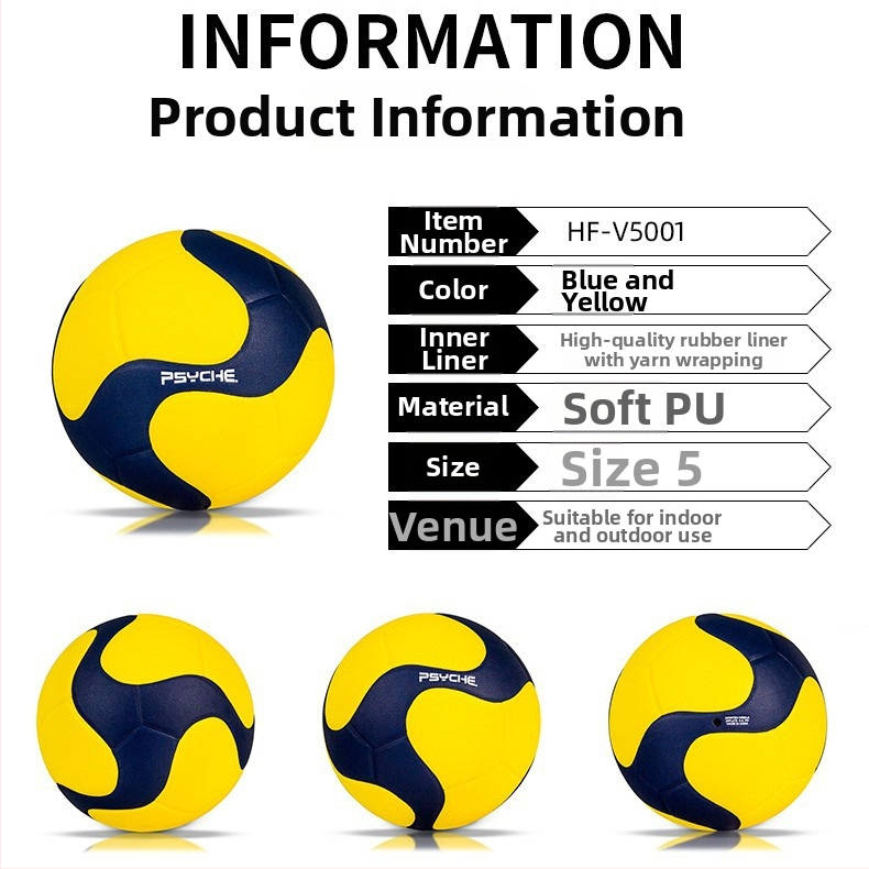 PSYCHE Iekšējais No.5 Ciets Volejbola Lode – PU materiāls, līmētas šuves, modelis V5001 (Zīmols: PSYCHE, Materiāls: PU, Bumbiņa tips: Iekšējais sacīkšu volejbola lode, Specifikācijas: Nr.5, Modeļa numurs: V5001)
