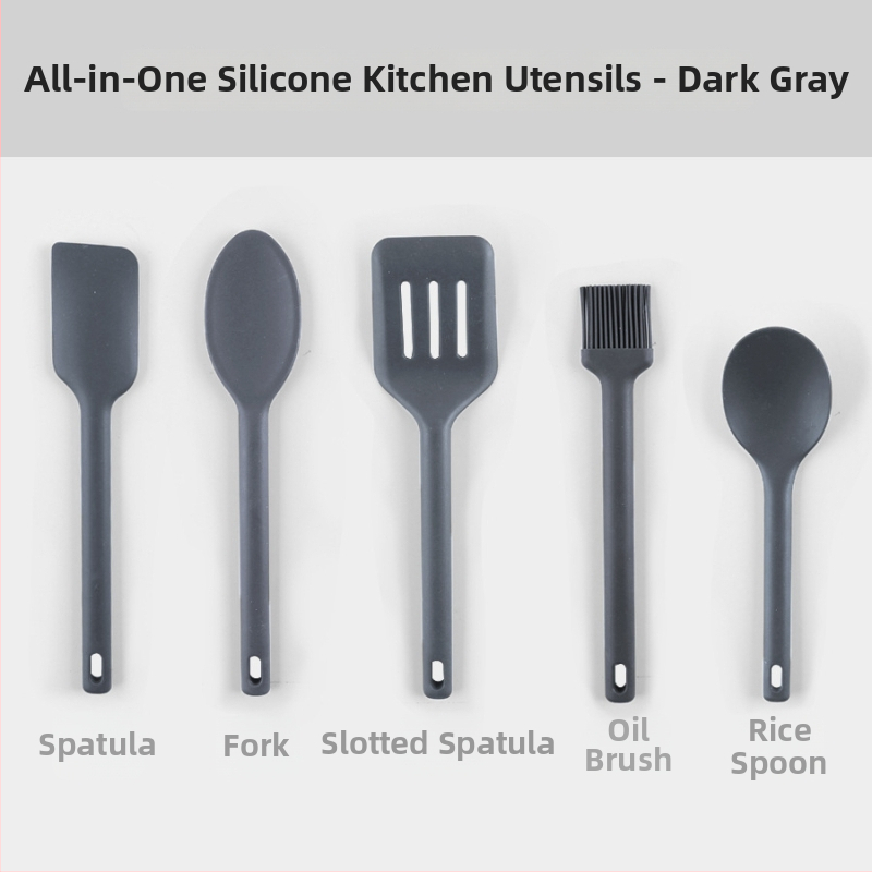 Silicone virtuvės įrankių rinkinys: šaukštas ir mentele iš silikono – neprilimpančios, aukštos temperatūros atsparumas, neslystančios, apsauga nuo nudegimų; rankenėlė su silikono korpusu ir nailoniniu centru