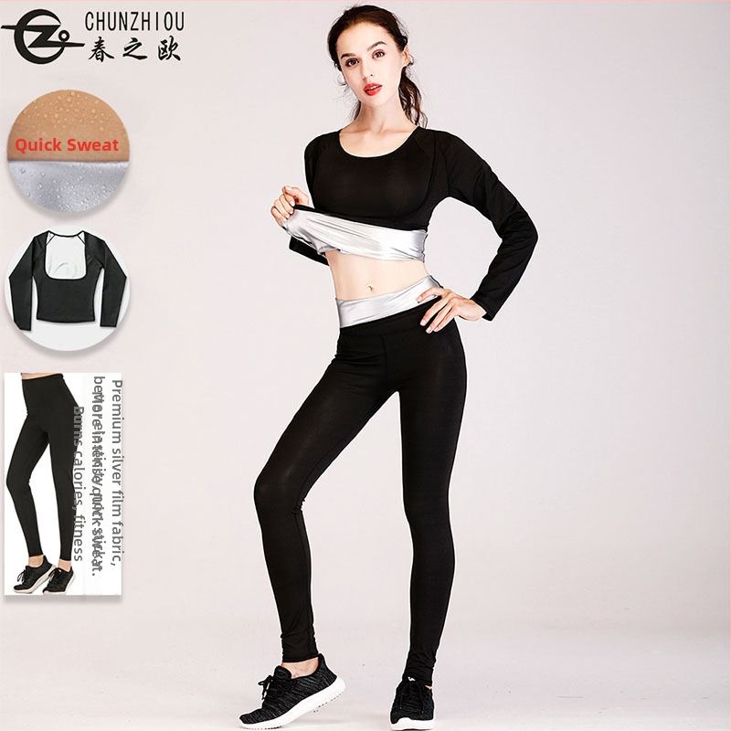 Naiste Lycra fitness komplekt koos toppi ja püksidega – ühtlane värv; 82% polüester, 18% spandeks; vooder hõbedase kilega 100; sobib kõigile aastaaegadele; jooksu ja treeningu jaoks