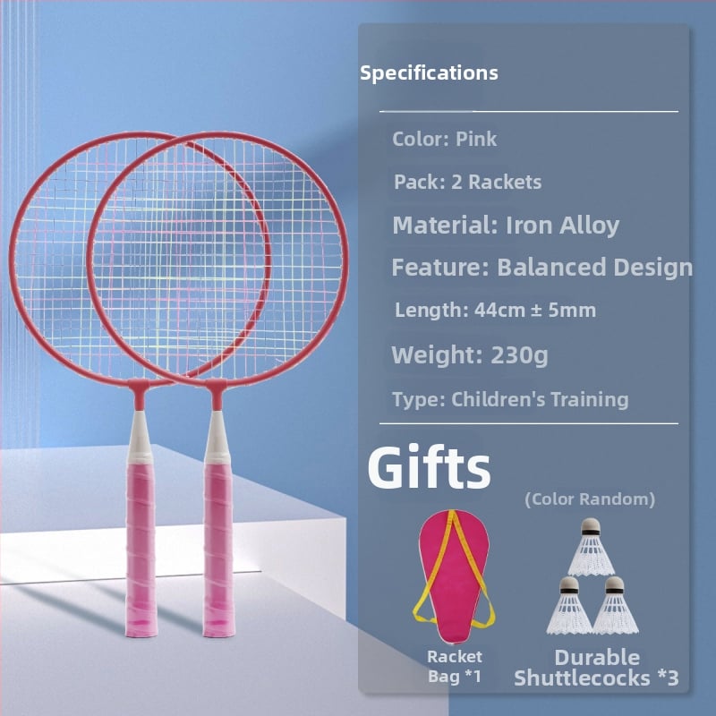 Lastele mõeldud sulgpallitrakettide komplekt – kahekordsed raketid, raami materjal raua sulam, kaal 95–100 g, külgsuunaline löök, sobib lauamängudeks ja sulgpalliks