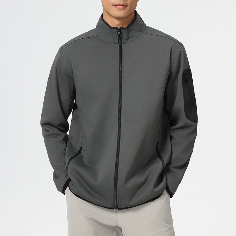 Vyrų lauko vėjinė striukė su stovimu kaklu, ilgomis rankovėmis, tampri poliesterio-spandekso medžiaga 96/4, ruduo