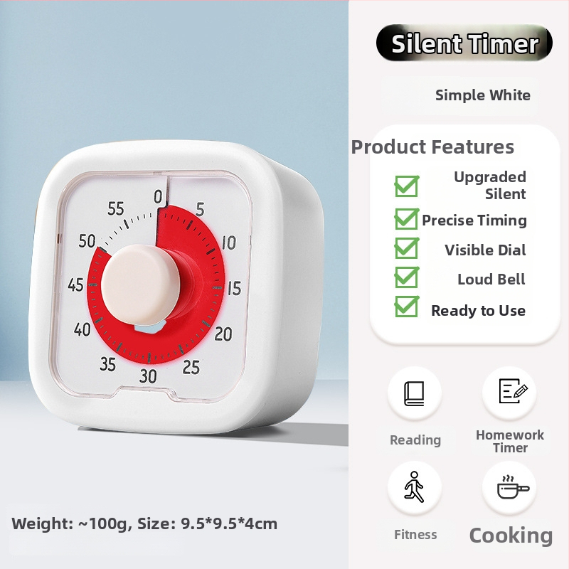 Vizualni timer za domaću zadaću učenika, s analognim pokazivačem i kronografom, kvadratno plastično kućište, automatski mehanički pogon