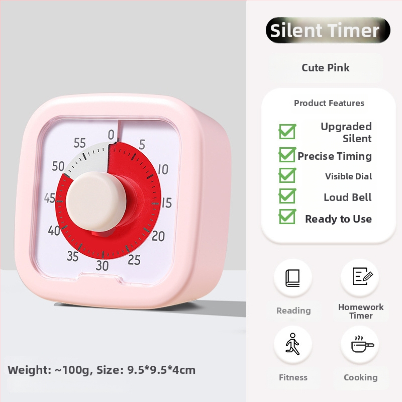Vizualni timer za domaću zadaću učenika, s analognim pokazivačem i kronografom, kvadratno plastično kućište, automatski mehanički pogon