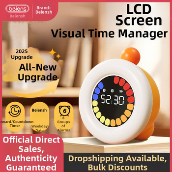 Benish Timer vizual pentru copii, pentru auto-disciplină în învățare – afișaj LED, alarmă, cronograf și calendar; corp rotund din plastic, alimentare cu baterii, proiecția ceasului.