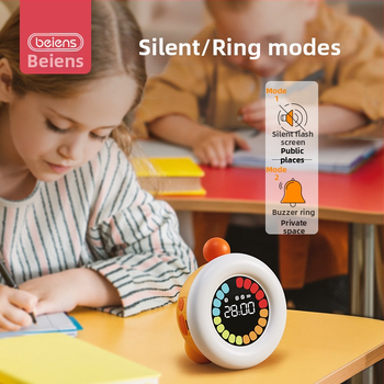Benish Timer vizual pentru copii, pentru auto-disciplină în învățare – afișaj LED, alarmă, cronograf și calendar; corp rotund din plastic, alimentare cu baterii, proiecția ceasului.
