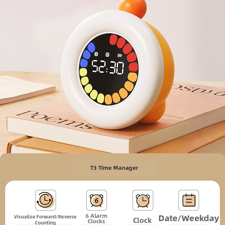 Benish Timer vizual pentru copii, pentru auto-disciplină în învățare – afișaj LED, alarmă, cronograf și calendar; corp rotund din plastic, alimentare cu baterii, proiecția ceasului.