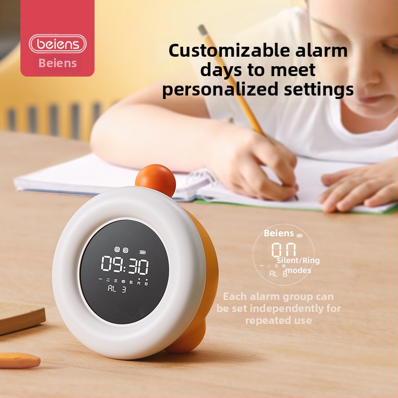 Benish Timer vizual pentru copii, pentru auto-disciplină în învățare – afișaj LED, alarmă, cronograf și calendar; corp rotund din plastic, alimentare cu baterii, proiecția ceasului.