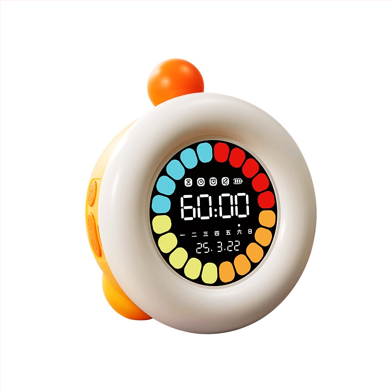 Benish Timer vizual pentru copii, pentru auto-disciplină în învățare – afișaj LED, alarmă, cronograf și calendar; corp rotund din plastic, alimentare cu baterii, proiecția ceasului.