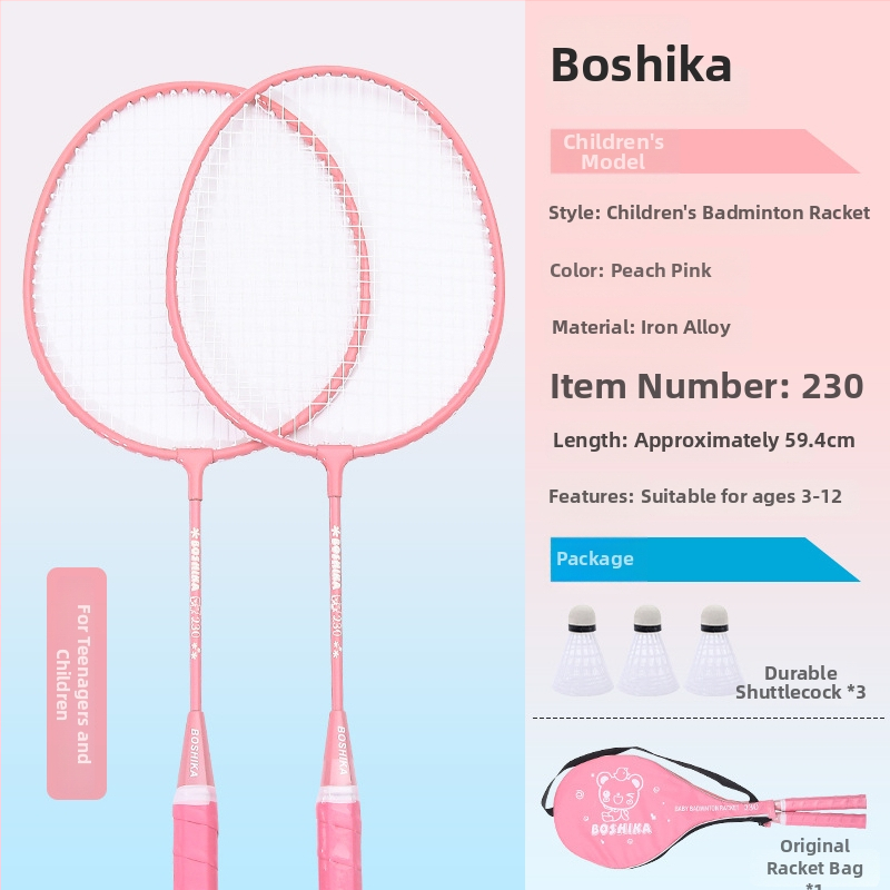 Detská raketa na badminton, Bosska; rám: železné zliatina; struny: nylon; pre deti; tvrdosť tyče: stredná