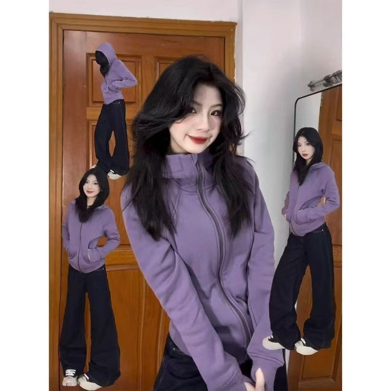 Ženska fleec jakna s kapuljom i zipom, regularne duljine, dugi rukavi, polu-visoki ovratnik, otporan na gužvanje, japansko-korejski casual stil