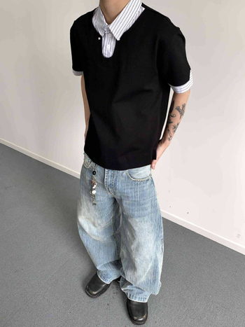 MADEEXTREME Ρετρό patchwork ριγέ πουκάμισο polo με γιακά, μακριά μανίκια, χαλαρή γραμμή – Σχέδιο ραφής, 68% ρεϊόν, 27% νάιλον, 5% σπάντεξ; 100% βαμβάκι