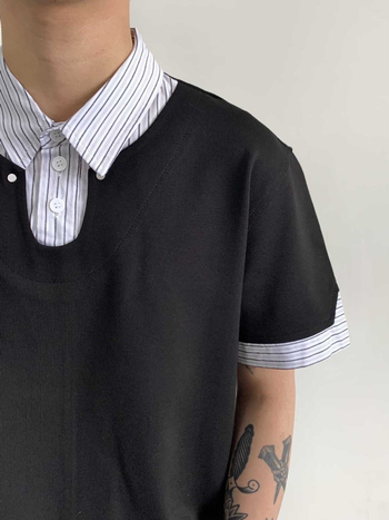 MADEEXTREME Ρετρό patchwork ριγέ πουκάμισο polo με γιακά, μακριά μανίκια, χαλαρή γραμμή – Σχέδιο ραφής, 68% ρεϊόν, 27% νάιλον, 5% σπάντεξ; 100% βαμβάκι