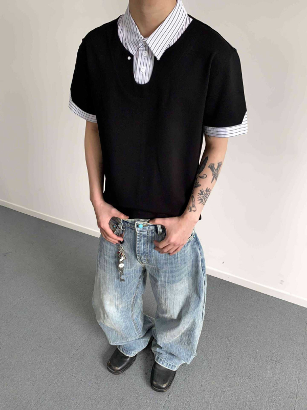 MADEEXTREME Ρετρό patchwork ριγέ πουκάμισο polo με γιακά, μακριά μανίκια, χαλαρή γραμμή – Σχέδιο ραφής, 68% ρεϊόν, 27% νάιλον, 5% σπάντεξ; 100% βαμβάκι