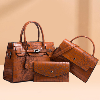 Geantă PU cu model crocodil – set de trei piese, crossbody, capacitate mare, închidere cu fermoar, formă orizontală pătrată, buzunare interioare, căptușeală din poliester