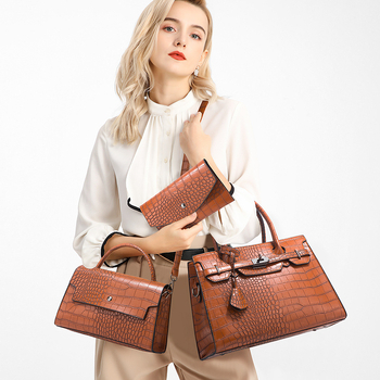 Geantă PU cu model crocodil – set de trei piese, crossbody, capacitate mare, închidere cu fermoar, formă orizontală pătrată, buzunare interioare, căptușeală din poliester