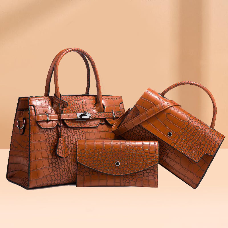 Geantă PU cu model crocodil – set de trei piese, crossbody, capacitate mare, închidere cu fermoar, formă orizontală pătrată, buzunare interioare, căptușeală din poliester