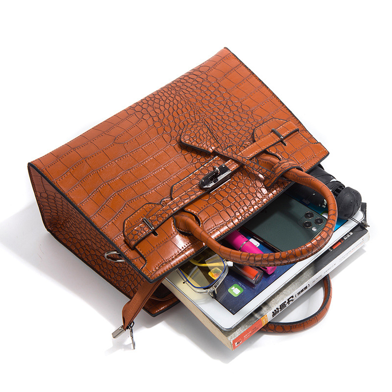 Geantă PU cu model crocodil – set de trei piese, crossbody, capacitate mare, închidere cu fermoar, formă orizontală pătrată, buzunare interioare, căptușeală din poliester