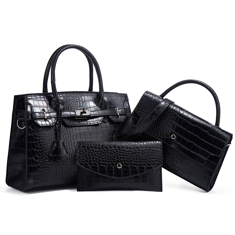Geantă PU cu model crocodil – set de trei piese, crossbody, capacitate mare, închidere cu fermoar, formă orizontală pătrată, buzunare interioare, căptușeală din poliester
