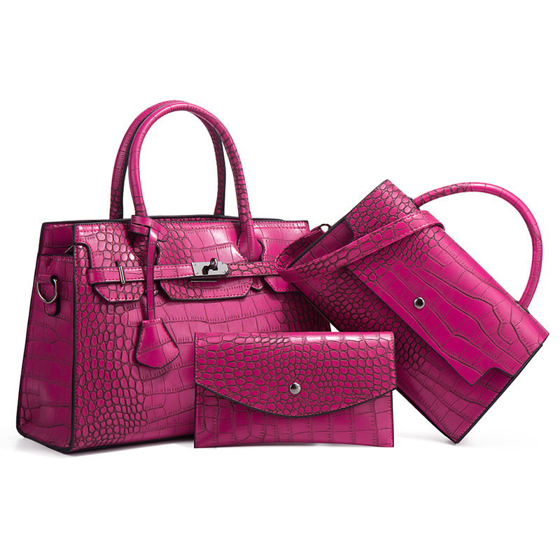 Geantă PU cu model crocodil – set de trei piese, crossbody, capacitate mare, închidere cu fermoar, formă orizontală pătrată, buzunare interioare, căptușeală din poliester
