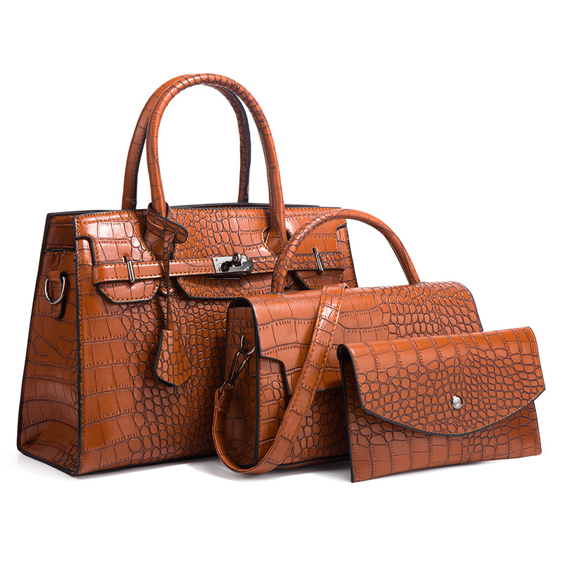 Geantă PU cu model crocodil – set de trei piese, crossbody, capacitate mare, închidere cu fermoar, formă orizontală pătrată, buzunare interioare, căptușeală din poliester