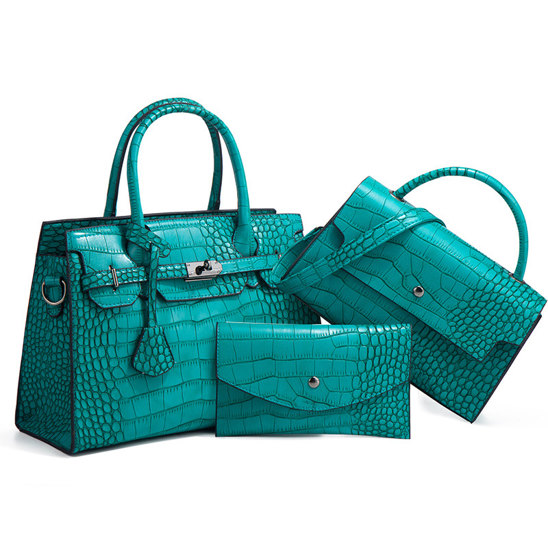Geantă PU cu model crocodil – set de trei piese, crossbody, capacitate mare, închidere cu fermoar, formă orizontală pătrată, buzunare interioare, căptușeală din poliester