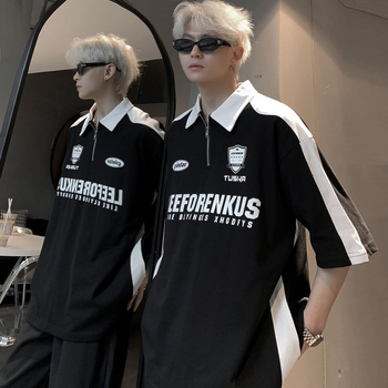 Πόλο με φερμουάρ, φαρδιά γραμμή, κοντά μανίκια, πολυεστερική ύφανση, στυλ Χονγκ Κονγκ