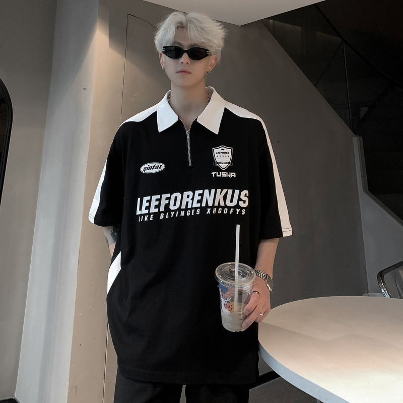 Πόλο με φερμουάρ, φαρδιά γραμμή, κοντά μανίκια, πολυεστερική ύφανση, στυλ Χονγκ Κονγκ