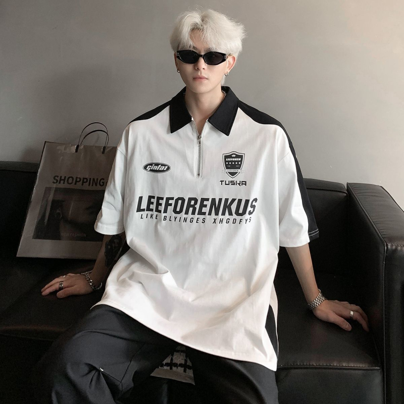 Πόλο με φερμουάρ, φαρδιά γραμμή, κοντά μανίκια, πολυεστερική ύφανση, στυλ Χονγκ Κονγκ