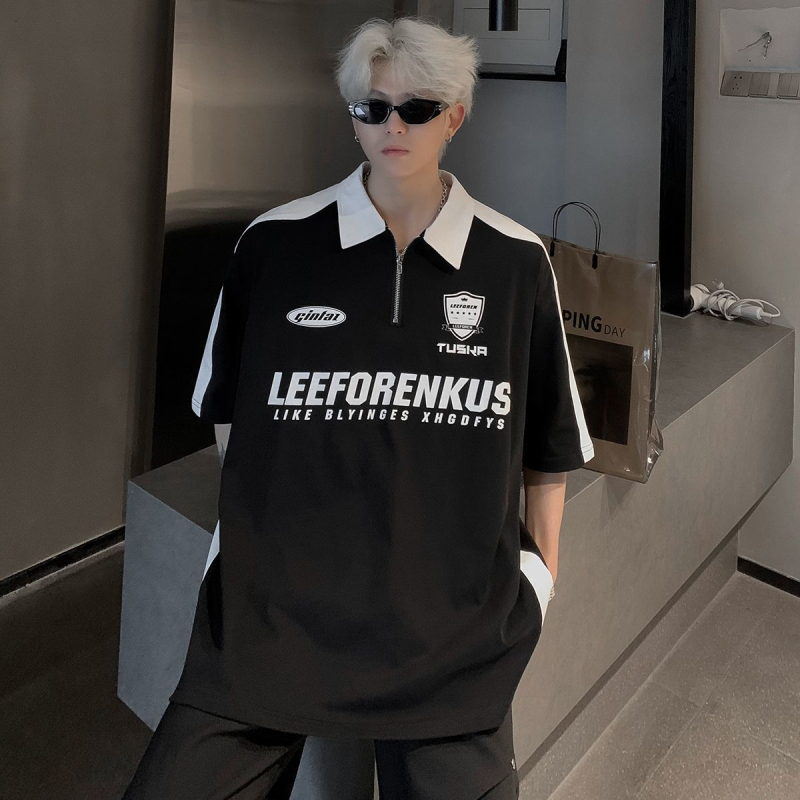 Πόλο με φερμουάρ, φαρδιά γραμμή, κοντά μανίκια, πολυεστερική ύφανση, στυλ Χονγκ Κονγκ