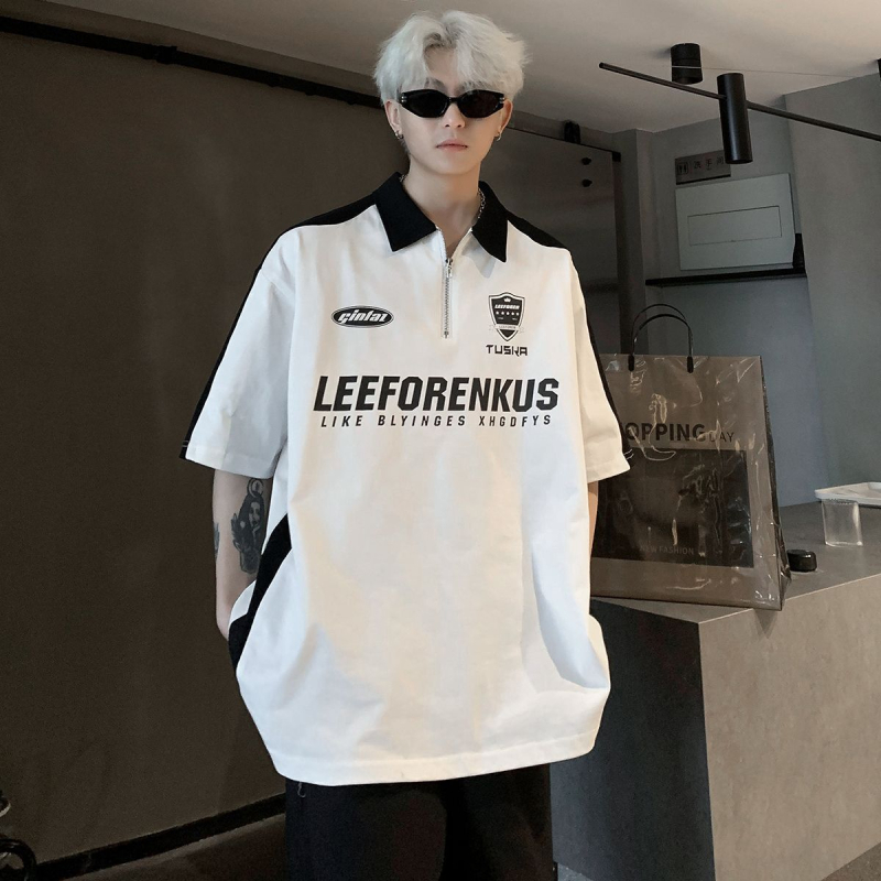 Πόλο με φερμουάρ, φαρδιά γραμμή, κοντά μανίκια, πολυεστερική ύφανση, στυλ Χονγκ Κονγκ