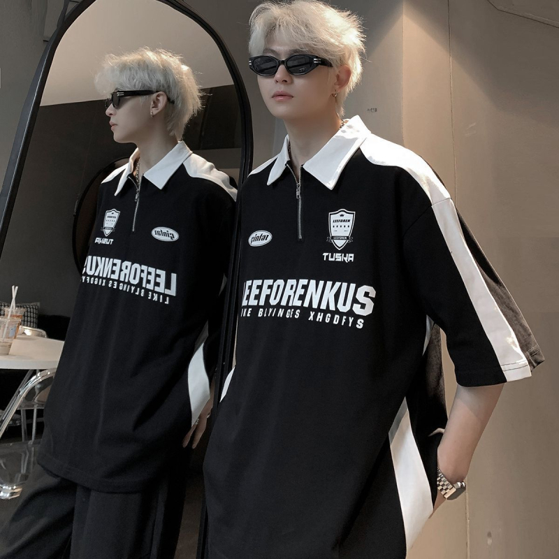 Πόλο με φερμουάρ, φαρδιά γραμμή, κοντά μανίκια, πολυεστερική ύφανση, στυλ Χονγκ Κονγκ