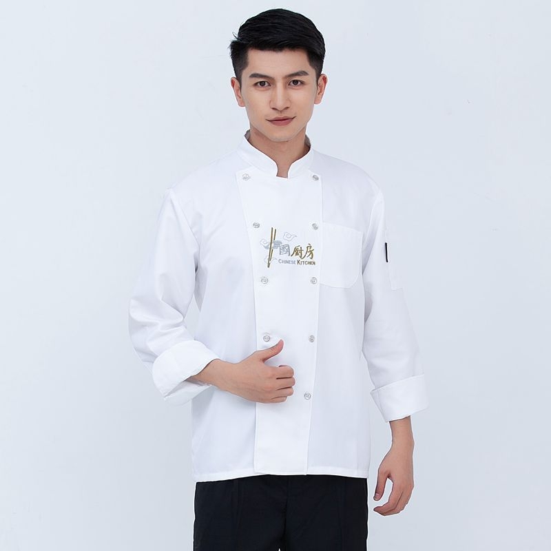 Férfi szakács egyenruha szállodákhoz — pamutkeverék, antiszennyező, hosszú ujjú, konyha/étterem, őszi-téli kínai stílus