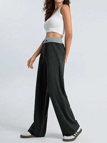 Ženske patchwork casual sports hlače s visokim strukom, straight kroj, do poda, drapirane, mješavina poliestera, 12% rayon i 5% spandex, visoka elastičnost