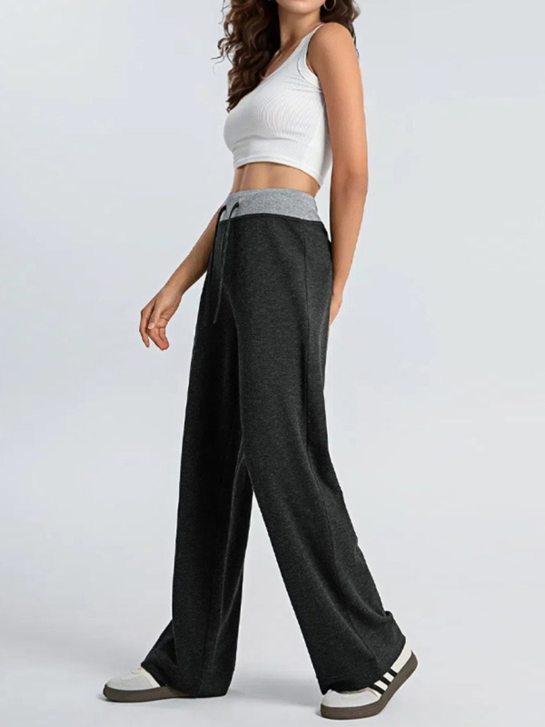 Ženske patchwork casual sports hlače s visokim strukom, straight kroj, do poda, drapirane, mješavina poliestera, 12% rayon i 5% spandex, visoka elastičnost