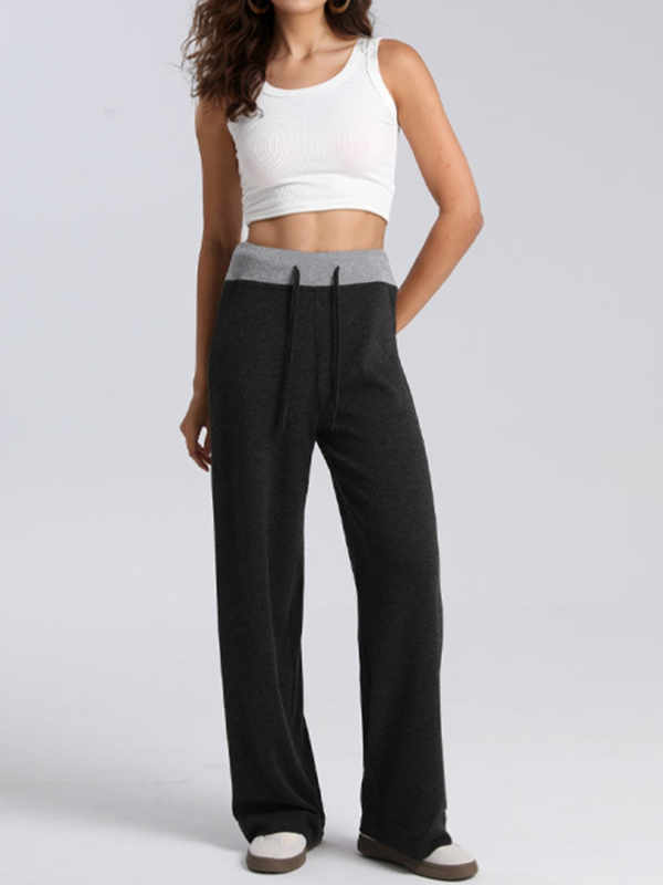 Ženske patchwork casual sports hlače s visokim strukom, straight kroj, do poda, drapirane, mješavina poliestera, 12% rayon i 5% spandex, visoka elastičnost