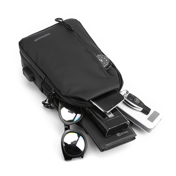 Vyrų krūtinės krepšys su crossbody diržu, nailonas, atsparus vandeniui, vienos spalvos, modelis 1100-28, tinka 8 colių nešiojamam