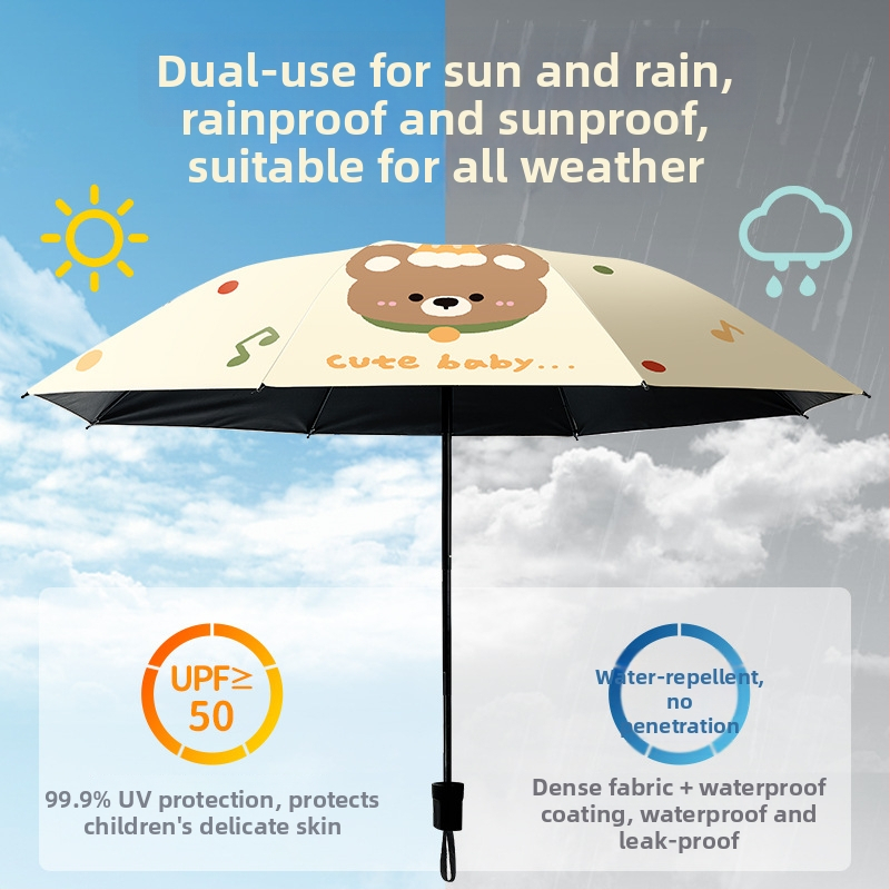Bērnu saliekamais lietussargs, karikatūru stilā, bērniem 6–12 gadu vecumā, TPE audums, 170T blīvums, 8 stieņi, UPF > 50, svars 661 g