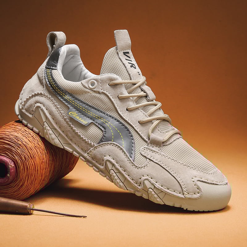 Ανδρικά αθλητικά παπούτσια casual με διαπνεόμενη άνω επιφάνεια από δύο στρώσεις δέρματος χοίρου και πλέγμα, σόλα καουτσούκ, κορδόνια, φαρδιά πλατφόρμα, για όλες τις εποχές.