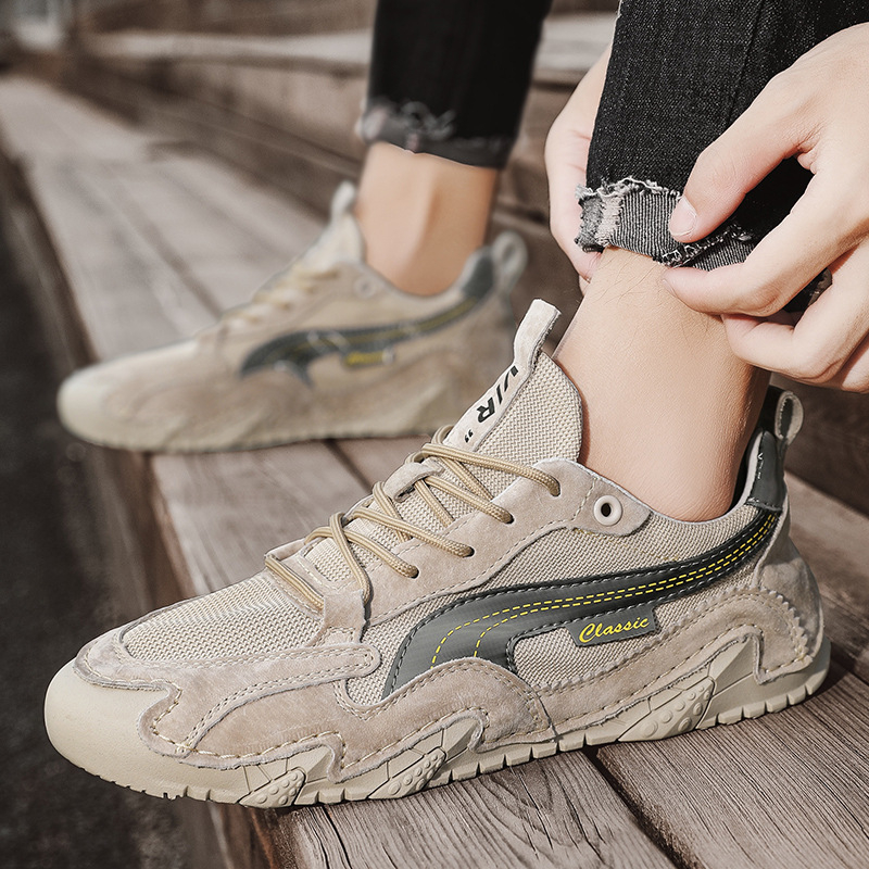 Ανδρικά αθλητικά παπούτσια casual με διαπνεόμενη άνω επιφάνεια από δύο στρώσεις δέρματος χοίρου και πλέγμα, σόλα καουτσούκ, κορδόνια, φαρδιά πλατφόρμα, για όλες τις εποχές.