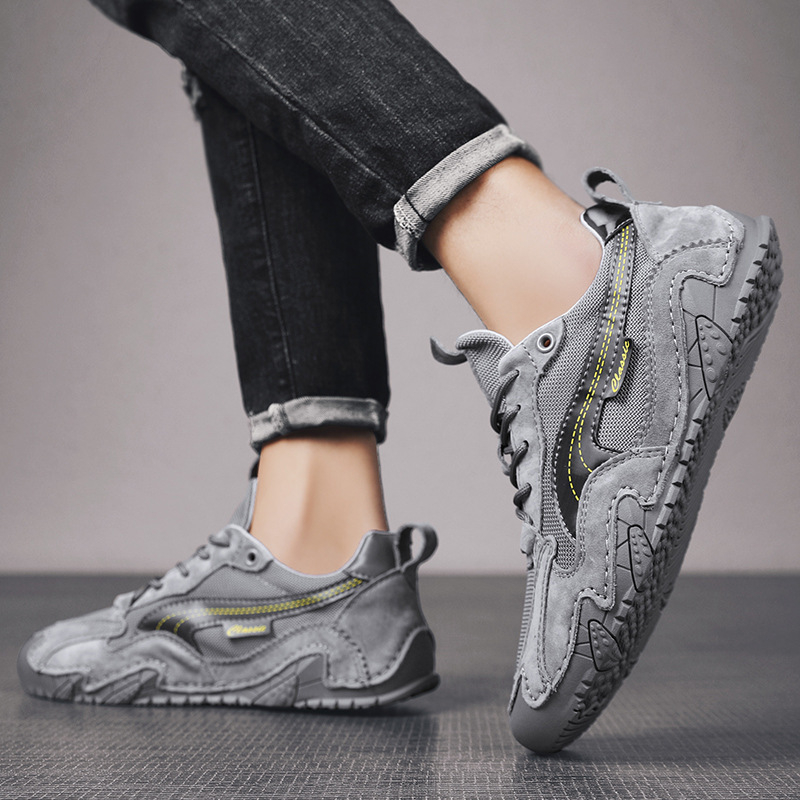 Ανδρικά αθλητικά παπούτσια casual με διαπνεόμενη άνω επιφάνεια από δύο στρώσεις δέρματος χοίρου και πλέγμα, σόλα καουτσούκ, κορδόνια, φαρδιά πλατφόρμα, για όλες τις εποχές.