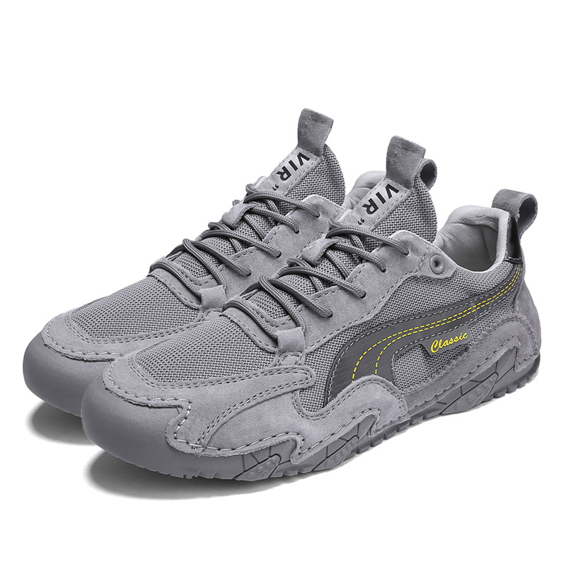 Ανδρικά αθλητικά παπούτσια casual με διαπνεόμενη άνω επιφάνεια από δύο στρώσεις δέρματος χοίρου και πλέγμα, σόλα καουτσούκ, κορδόνια, φαρδιά πλατφόρμα, για όλες τις εποχές.