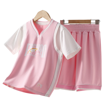 Детски бързосъхнещ спортен комплект с топ с къс ръкав и панталон, 93% полиестер + 7% спандекс, полиестерна подплата, спортен модел, за деца 7–12 години