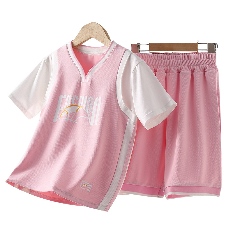 Gyorsan száradó gyerekek sportos szett rövid ujjú felsővel és nadrággal, 93% poliészter + 7% spandex, poliészter bélés, sportos minta, 7–12 éveseknek