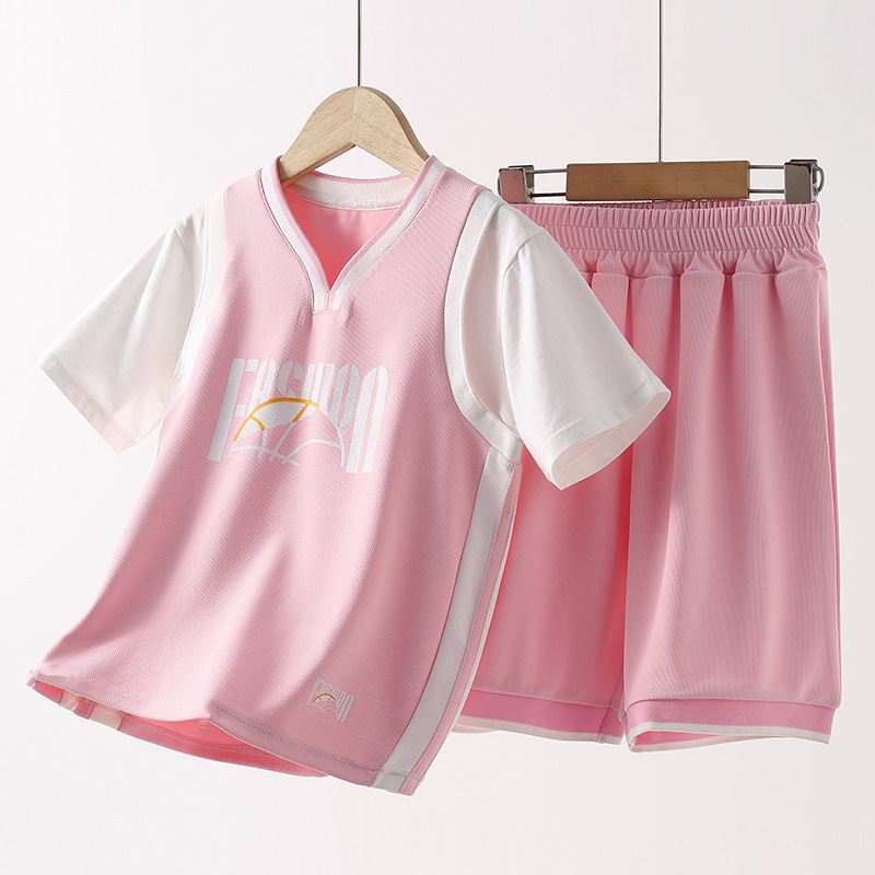 Детски бързосъхнещ спортен комплект с топ с къс ръкав и панталон, 93% полиестер + 7% спандекс, полиестерна подплата, спортен модел, за деца 7–12 години