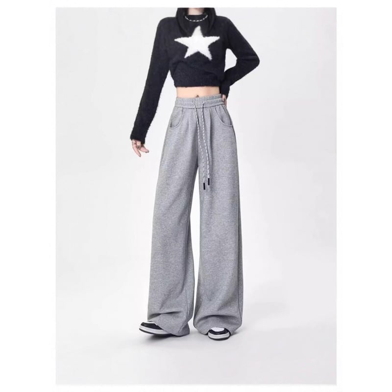 Ženske široke hlače od poliestera, srednji struk, duge, 90-95% poliestera, japansko-korejski casual stil
