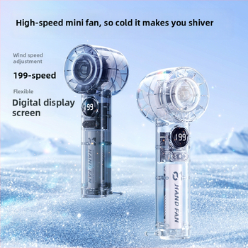 Rankinis mini ventiliatorius, 6 greičiai oro srautų, įdiegta 1200–2000 mAh baterija, įkraunamas, 3 mentelės, tylus veikimas (<36 dB), 5V maitinimas